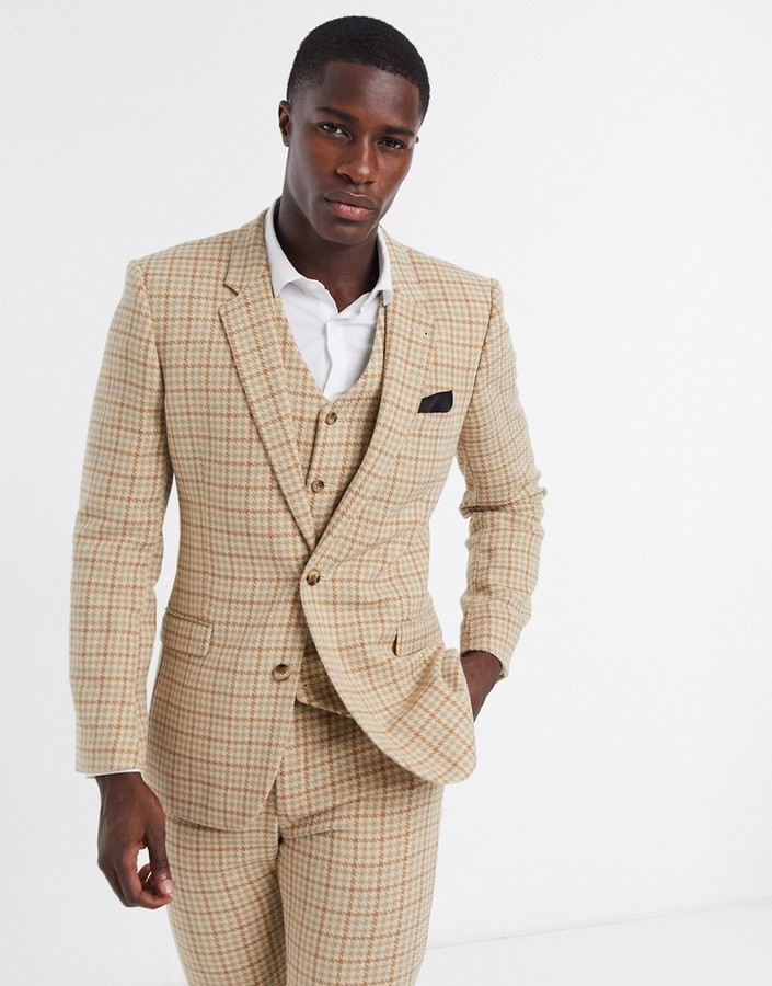 ASOS DESIGN wedding skinny wool mix suit jacket in camel houndstooth check  - ShopStyle