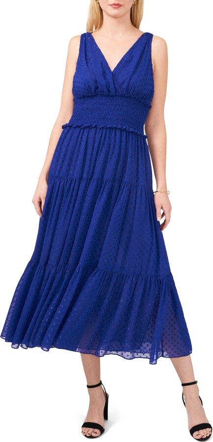 Chaus Smocked Clip Dot Chiffon Midi Dress