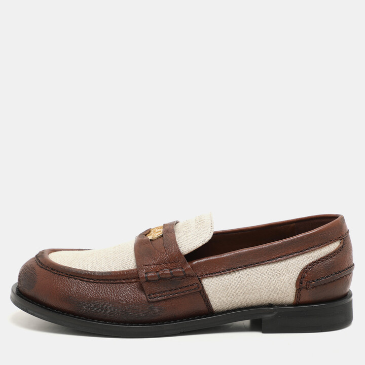 Miu Miu Beige/Brown Canvas and Leather Penny Loafers Size 37