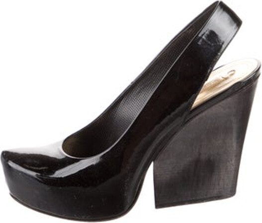 Gianmarco Lorenzi Patent Leather Slingback Pumps Black Semi-Pointed Toes Platform Elasticized Straps