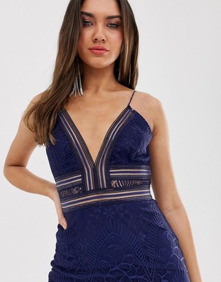 Love Triangle plunge front maxi dress with eyelash lace train in navy
