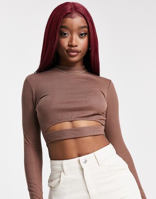 ASOS DESIGN long sleeve crop top with under bust cut out in brown -  ShopStyle
