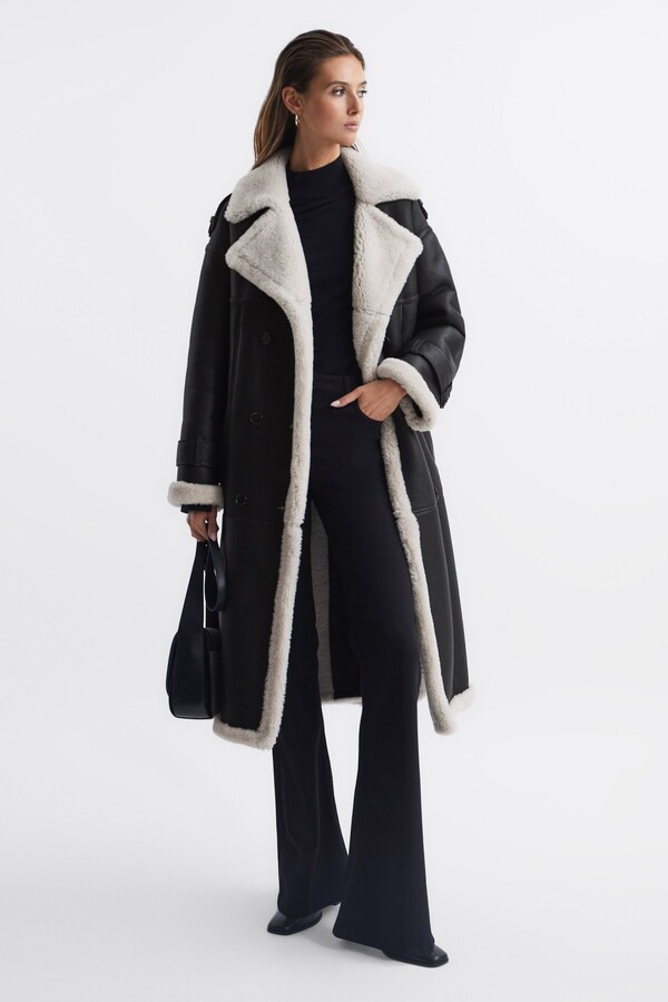 Reiss Black Alina Shearling Trench Coat - ShopStyle