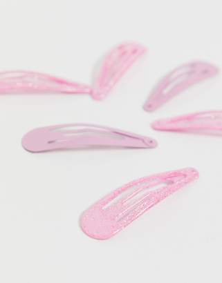ASOS Design DESIGN pack of 6 snap hair clips in pink plain and glitter
