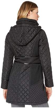 Via Spiga Mixed Diamond Quilted Coat w/ Detachable Hood (Black) Women's Clothing
