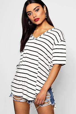 boohoo NEW Womens Stripe Oversized Split Side T-Shirt in Polyester 5% Elastane