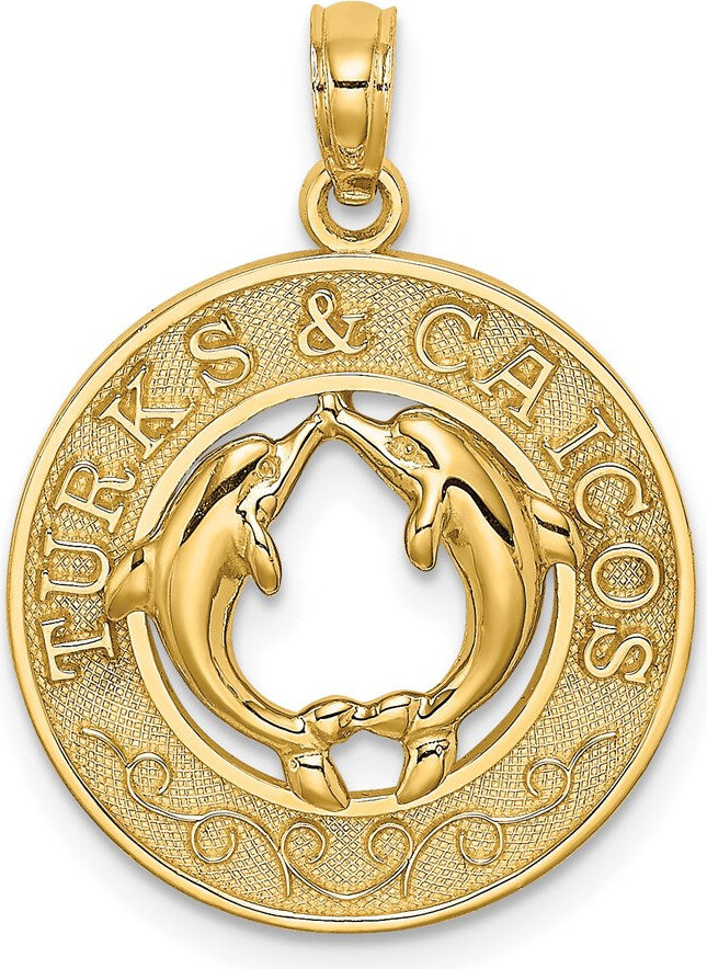 Diamond2Deal 14k Yellow Gold TURKS AND CAICOS with Dolphins Circle Charm Pendant