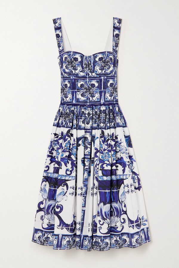 Dolce & Gabbana Pleated Printed Cotton-poplin Dress - Blue - ShopStyle