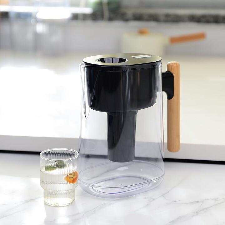 Better Homes & Gardens Better Homes and Gardens Brand Water Filter Pitcher, 10 Cup, Brita Compatible, Wooden Handle, Assembled Product Height Length Width: 10"6"5" Black