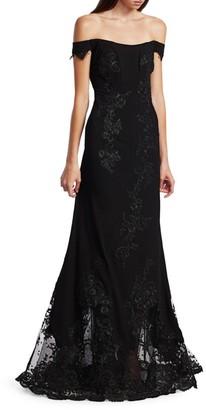 Rene Ruiz Collection Lace Crepe Off-The-Shoulder Mermaid Gown