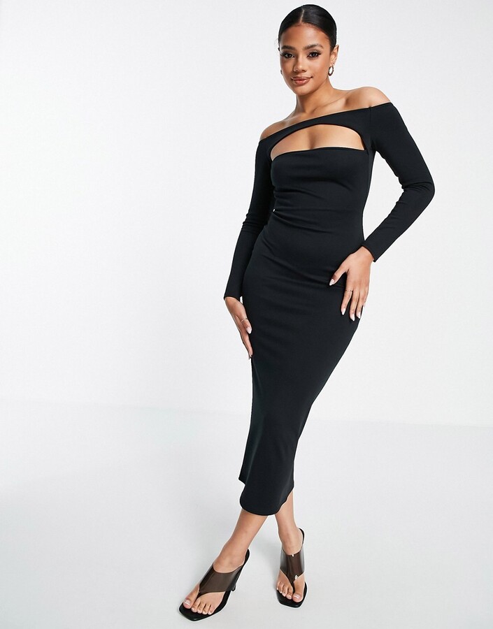 ASOS DESIGN long sleeve bardot midi bodycon dress with neck cut out in black  - ShopStyle