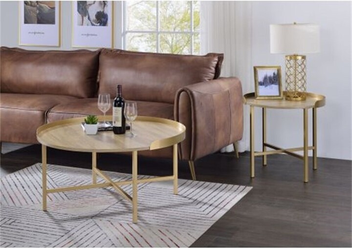 TiramisuBest Coffee Table,Oak Table Top & Gold Finish with Cross Bar