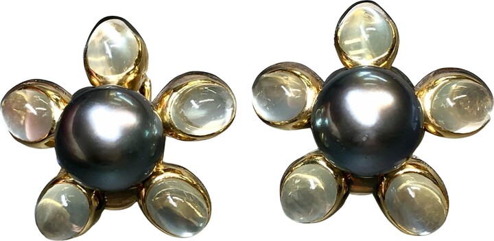 Assael Estate Cabochon Moonstone Tahitian Pearl Huggie Earrings 16.37ctw 12.2mm