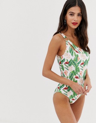 UNIQUE21 asymmetric swimsuit with cut out tropical print