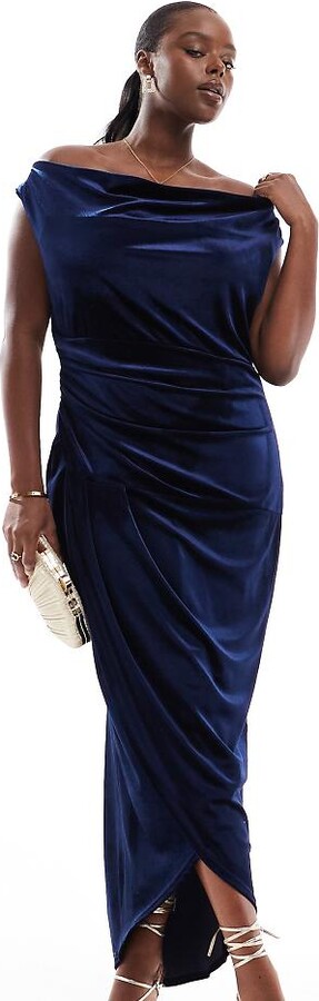 TFNC Plus slash neck velvet maxi dress in dark navy