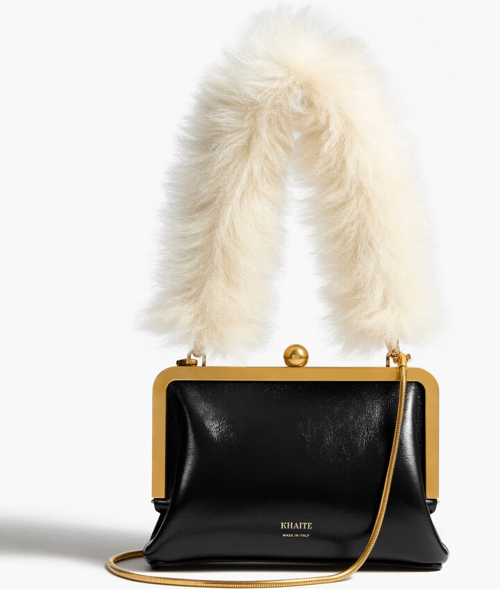 KHAITE Small Lilith Evening Bag in Black Crackle Patent Leather with Detachable Shearling Handle