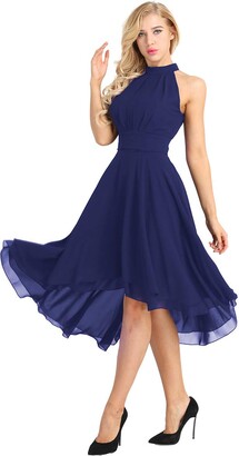 JEATHA Women's Sleeveless Halter Neck Bridesmaid Dresses Chiffon High Low Wedding Guest Party Prom Gown Navy Blue 10