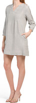 Thumbnail for your product : Tahari Linen Long Sleeve Split Neck Pleated Cross Dye Dress