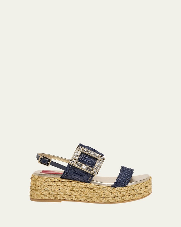 Roger Vivier Summer Strass-Buckle Raffia Platform Sandals