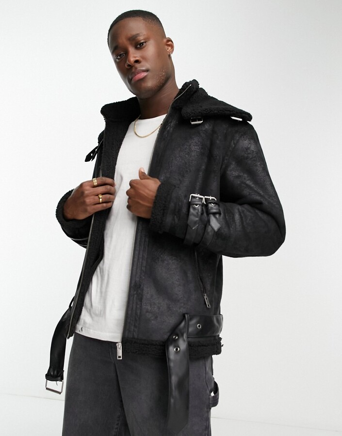 ADPT faux shearling aviator jacket with buckle detail in black ShopStyle