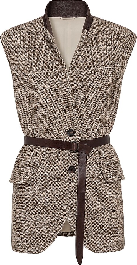 Brunello Cucinelli Women's Flecked Virgin Wool and Silk Chevron Vest with Leather Belt and Monili - Rope - Size 4