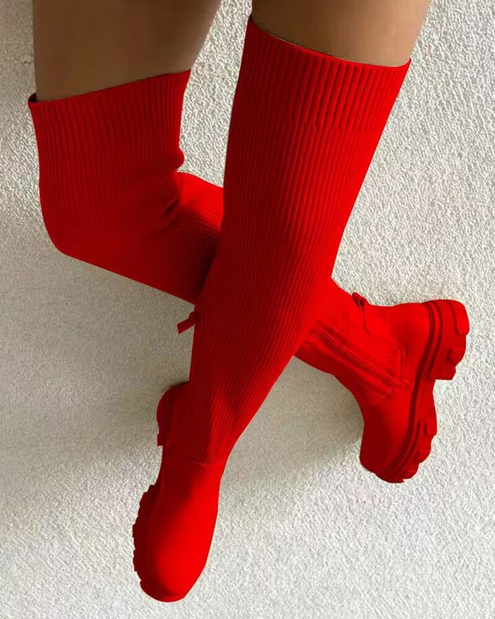 YBQJOO Over The Knee Women Boots Women & apos;s Thick Heel Slim Fit Winter Velvet Stretch Boots High Heels Large Size Suede Boots Botas Mujer