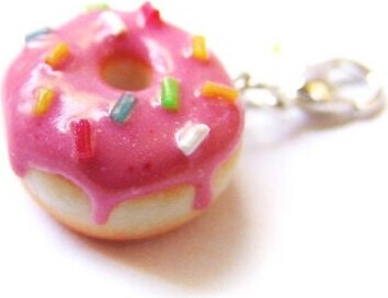 strawberry Pink Sprinkle Donut Charm - Miniature Food Jewelry Frosted Doughnut