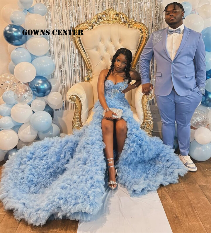 Designer Blue Beaded Crystal Tulle Ruched Train Prom Dresses For Black Girls Mermaid Ladies Dress Special Wedding Customized