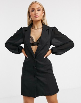 Club L London plunge front blazer dress with sheer sleeve detail in black