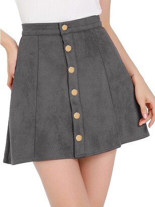 Allegra K Women' Faux Suede Button Cloure A-Line High-Waited Flared Mini Skirt Dark Large
