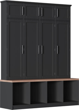 [Assembly Video Provided] Farmhouse Hall Tree With 4 Hidden Hanging Hooks, Versatile Walnut Seating Bench With 8 Doors, Entryway Shoe Cabinet With Ope