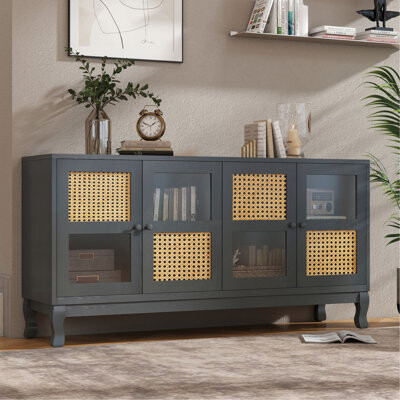 East Urban Home Sideboard Retro 4-Door With Large Storage Space Artificial Rattan Doors And Transparent Glass, Accent Cabinet For Entryway Dining Room Kitchen Living