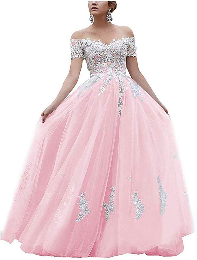 light pink off the shoulder prom dress
