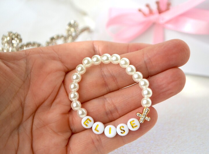 Etsy Pearl Cross Girls Bracelet, Personalized Baptism Baby Rhinestone Shower Gift, First Communion Jewelry