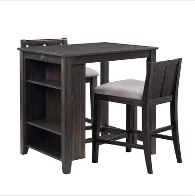 Hokku Designs Transitional Design White 3-piece Pack Counter Height Set Table w Display Shelf USB ports and 2x Counter Height Chairs Fabric Upholstered Dining Furni
