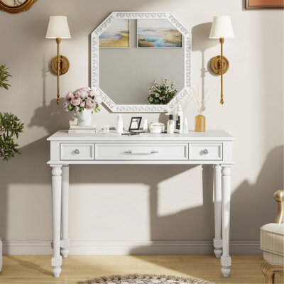 Retro Makeup Desk With Large Mirror,3-Drawer Dressing Table For Jewelry Storage,Elegant Console Table For Bedroom,Living Room,Hallway Foyer,White