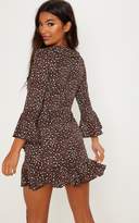 Thumbnail for your product : PrettyLittleThing Chocolate Brown Polka Dot Leopard Print Frill Wrap Tea Dress