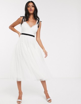 Needle & Thread Bridal bow detail midi dress with contrast waistband in ivory