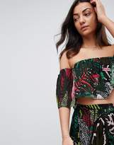 Thumbnail for your product : ASOS DESIGN Tall frill beach co ord top in dark tropical print