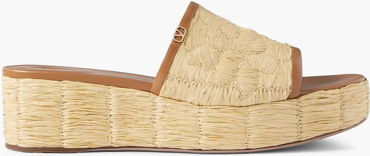 Valentino Garavani Raflower 45 leather-trimmed faux raffia platform slides