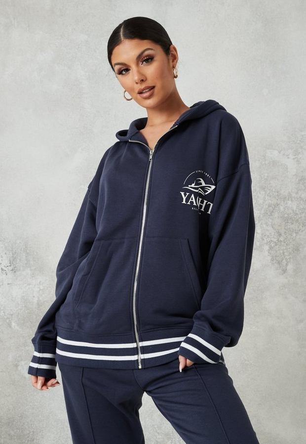 Missguided Navy Brushed Back Yacht Print Oversized Zip Front Hoodie ...