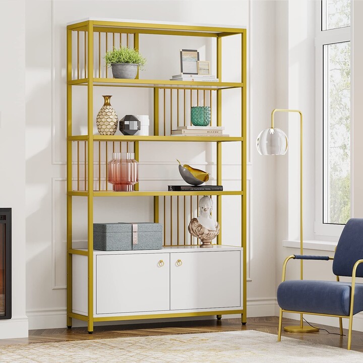 EPOWP 5Tier Tall Bookshelf with 2 70.8 inches White and Gold