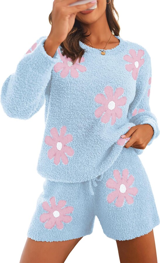 Barbotimer Women Fleece Piece Pajamas Set Long Sleeve Fuzzy