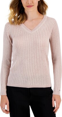 Tommy Hilfiger Women's Metallic-Knit Ribbed V-Neck Sweater - Pearl
