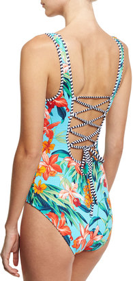 Tommy Bahama Reversible Lace-Up Back One-Piece Swimsuit, Blue