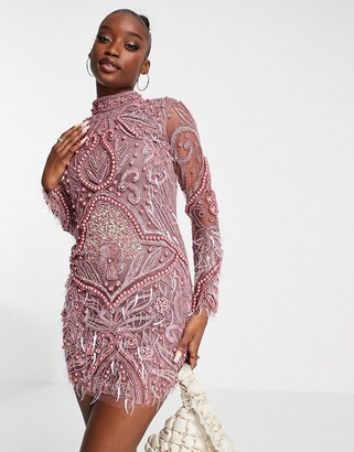 Topshop + Mink Long Mesh Ruffle Dress Lace & Beads