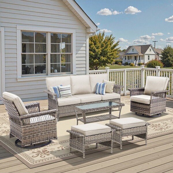 Belord6PiecesPatioFurnitureSetAllWeatherGrayWickerOutdoorConversationSetwithPatioCouchSwivelPatioRockerCoffeeTableOttoman