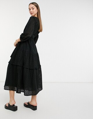 Selected organic cotton midi dress in black chevron broderie