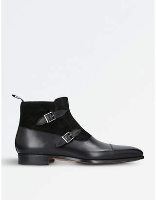 Magnanni Double-buckled leather and suede ankle boots