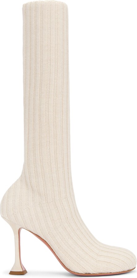 Amina Muaddi Veneda Stretch 95 Fuzzy Knit Boot in Beige